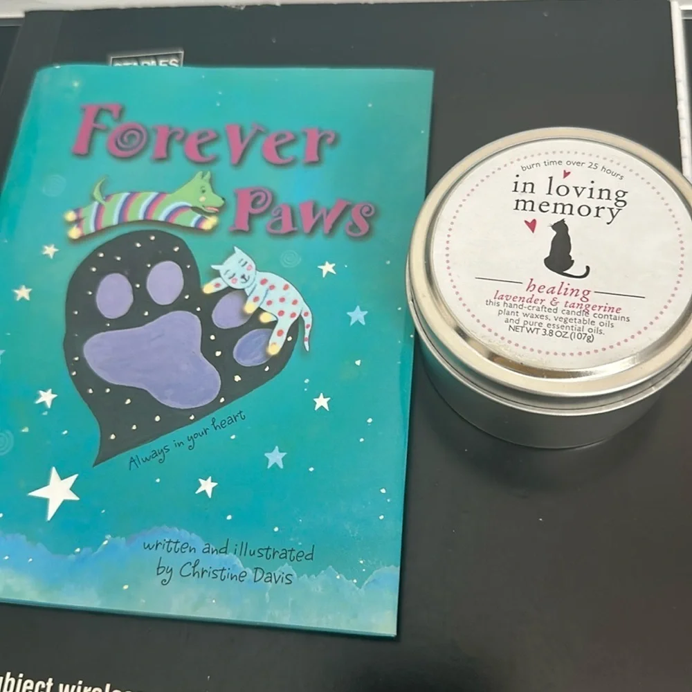 Forever paws pet grieving book and in loving memory candle